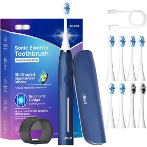 Brosse &Agrave; Dent &Eacute;lectrique Sonique, Brosse A Dent Electrique Rechargeable Avec Capteur De Pression Int&eacute;gr&eacute;,Minuteur, 40000vpm,5 Modes Avec 8 T&ecirc;tes,&Eacute;tui De Voyage (Bleu) - Neuf