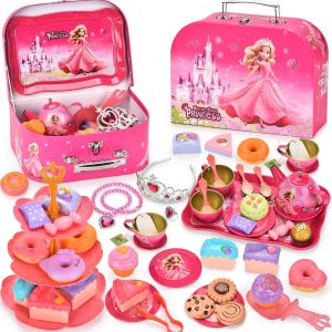 52pcs Service &Agrave; Th&eacute; Pour Enfants,Ensemble De Th&eacute;i&egrave;re En Etain,Jouet De Cuisine Princesse,Pour Lheure Du Th&eacute; Avec Tasses,Assiettes Et Accessoires Pour Cadeaux D'anniversaire Filles 3-8ans - Neuf