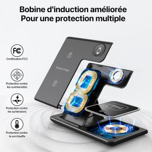 Station De Charge 3 En 1, Chargeur Induction Iphone Pour Iphone 17/16/15/14/13/12/Pro/Max, Station Charge Apple Pour Apple Watch, Charging Station Sans Fil Pour Airpods 2/3/Pro(Noir) - Neuf