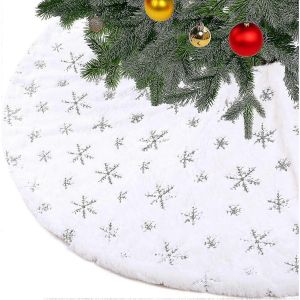 Jupe de sapin de No&euml;l en fausse fourrure &eacute;paisse blanche avec tapis de sapin &agrave; paillettes argent&eacute;es en forme de flocons de neige, 90 cm / 35 pouces. - Neuf
