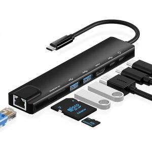 Hub USB C avec adaptateur Ethernet 8 en 1 type C multiport avec 100 W PD, 4K HDTV, USB 3.0/2.0, port C, lecteur de carte SD/TF pour iPhone 15, MacBook, iPad, Samsung, surface, etc. - Neuf