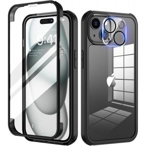 Maa-Coque Pour Iphone 15 6,1 Pouces, Antichoc Housse Avec Verre Trempé Protection Écran +[9h Dureté Caméra Arrière Protecteur] Intégrale Mince 360°Protection Bumper Robuste Transparente - Noir - Neuf