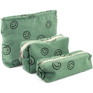 MAA-3pcs Trousse de Toilette Voyage, Trousse Maquillage Femme, Trousses de Maquillage en Toile Smile, Cosmétiques à Glissière Portable, Sac de Organiseur Cosmétique Femme (Vert) - Neuf