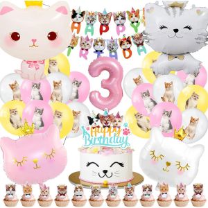 Chat Decoration Anniversaire 3 Ans,Chats Anniversaire Ballon Enfant 51 Pi&egrave;ces,Chat Deco Pour Gar&ccedil;ons Filles Anniversaire,Chat Animaux F&ecirc;te Set Avec Banni&egrave;re,Chat Ballon En Aluminium - Neuf
