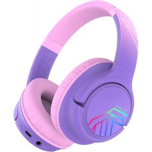 Casque Audio Enfant, Casque Bluetooth Enfant avec Micro, 74/85/94dB Volume Limité, 45 Heures, Hi-Fi Stéréo, Casque Pliable avec Lumières LED Colorées, 2 Fonction de Partage du Casque (Bleu) - Neuf