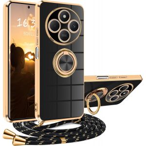 Mdy-Coque Pour Xiaomi Redmi 14c/Redmi A4 Avec Cordon, Coque Redmi 14c/Redmi A4 Avec Collier Silicone Housse 360° Voiture De Bague Magnétique Antichoc Étui Lanyard Cover Téléphone Portable Protection - Neuf