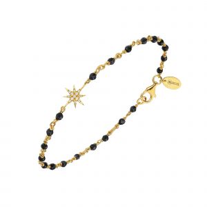 Bracelet Argent Dor&eacute; &Eacute;toile Zirconium Blanc Et Pierres Spinelle Noires - Neuf
