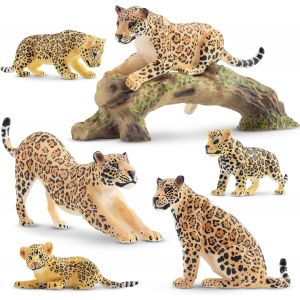 SANSH-TOYMANY Lot de 7 figurines d'animaux Jaguar avec bébés Jaguar et un tronc d'arbre - Jouet réaliste en plastique - Jouet éducatif pour jouer ou comme décoration - Neuf