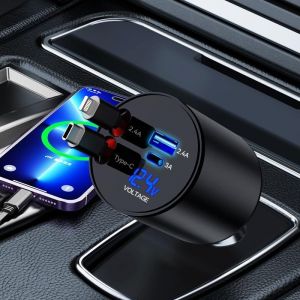 Chargeur De Voiture R&eacute;tractable,Chargeur De Voiture 4 En 1 Pour Iphone Et Type C 60w,C&acirc;bles R&eacute;tractables Et 2 Ports De Charge Chargeur De Voiture Pour Iphone 16/15/14/13,Samsung Galaxy(Noir) - Neuf