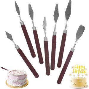 7 Pièces Couteaux À Peindre Acier Inoxydable,Spatules Pâtisserie En Acier Inoxydable,Spatules Coudées À Pâtisserie,Spatule Palette Couteau Manche En Bois,Grattoir De Décoration De Gâteau - Neuf