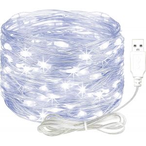 TRAHOO-Guirlande lumineuse LED avec USB, 3 m, 30 LED, &eacute;tanche, fil de cuivre, blanche, &agrave; piles, lumi&egrave;res d&eacute;coratives pour chambre &agrave; coucher, jardin, No&euml;l, mariage, anniversaire - Neuf