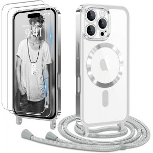 Kal-Coque Pour Iphone 16 Pro Avec Cordon De Collier + 2×Verre Trempé, Coque Transparente Tpu Bumper Silicone Etui Housse Avec Cordon Réglable, Coque Magnétique Pour Iphone 16 Pro Argent - Neuf