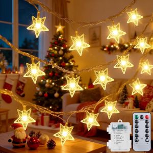 TRAHOO-Guirlande Lumineuse &Eacute;toiles 50 LED, 7,5m &agrave; Piles &Eacute;tanche avec T&eacute;l&eacute;commande, 8 Modes pour D&eacute;coration No&euml;l Int&eacute;rieur et Ext&eacute;rieur - Jardin, Terrasse, Cl&ocirc;ture - Neuf