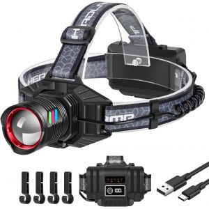 Lampe Frontale Led Ultra Puissante 90000 Lumen,Lampe Frontale Rechargeable Usb-C 3 Modes Avec Feu Arri&egrave;re,Batterie Longue Dur&eacute;e Zoomable 180&deg; R&eacute;glable &Eacute;tanche Pour Camping,P&ecirc;che,Urgence - Neuf