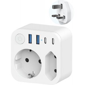 Connecteur de Voyage France vers Le Royaume-Uni avec 4 Prises USB (2 USB-C), Adaptateur de Voyage &agrave; Double Sortie, Connecteur Schuko vers Type G pour,l'Irlande,Malte,Blanc - Neuf