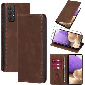 KAL-Coque Cuir Pour Samsung Galaxy A32 4G 6.4"" Avec 1 Verre Tremp&eacute; Etui &Agrave; Rabat En Pu Porte-Cartes Portefeuille Support Flip Housse Magn&eacute;tique Antichoc Anti-Rayures Case,Marron - Neuf