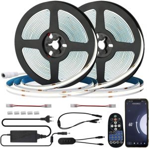 Ruban À Cob Led Wifi, 10m (2x 5m) Blanc Froid 6000k, Dimmable Bande Lumineuse 8mm Avec Alimentation 24v & Télécommande Rf, Musique, Auto-Adhésif, Ip20, Compatible Avec App Tuya - Neuf