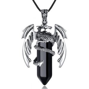 Kal-Collier Dragon Avec Cristal - Pendentif Dragon Viking, Collier Cristal Avec Obsidienne Chakra Pierre Naturelle Bijoux Labradorite Pour Homme Femme - Neuf