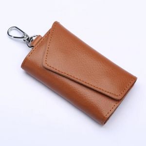 HUED-Porte-clés en cuir véritable pour hommes et femmes, pochette de rangement, portefeuille de clé de voiture fendu en vache, étui pour clés de femme de ménage, Mini sac pour cartes-brown - Neuf