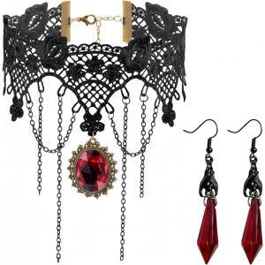 Collier Ras Du Cou Pour Femme En Dentelle Noire - Accessoire Steampunk - Avec Cristaux Et Boucles D'oreilles - Accessoire De Cosplay - Bijoux De Fête Vintage - Neuf