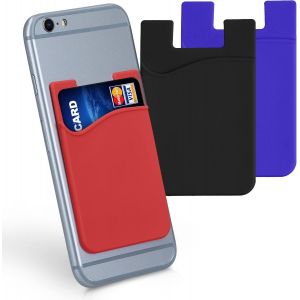 3x Porte-Carte Adh&eacute;sif Pour T&eacute;l&eacute;phone - Pochette Autocollante Silicone Pour Smartphone - Format Carte Bleue - Noir-Bleu-Rouge - Neuf