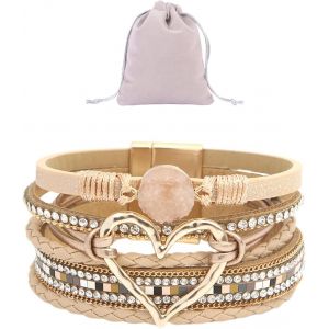 Eryi-1 Bracelet Multicouche Et 1 Pochette À Bijoux, Bracelet En Cuir Tissé À La Main, Bracelet Vintage Pour Femme, Bracelet Mode - Neuf
