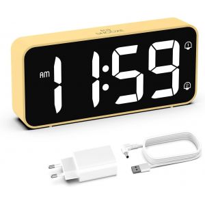 COPF-Reveil,Réveil Numérique Avec Grand Écran Led,5-100% Luminosité,90-120 Db Volume,2 Alarmes,12/24H,Fonction Snooze,Reveil Sur Secteur (Adaptateur Inclure) Jaune - Neuf