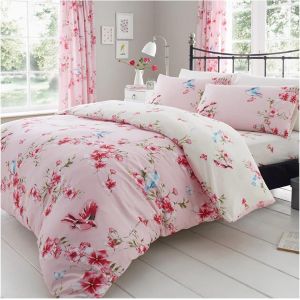 Sjzg-Gaveno Cavailia - Parure De Lit De Luxe Avec Housse De Couette Et Taie D'oreiller En Polyester-Coton - Motif Fleurs Et Oiseaux - Rose - 2 Places (200 X 200cm) - Neuf