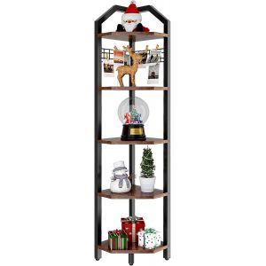 Mevronisshop-Tag&egrave;re D'angle &Agrave; 5 Niveaux, Hauteur 176cm Biblioth&egrave;que Du Coin, Meuble De Rangement Polyvalent, Porte-Plantes, Pour Salon, Chambre, Bureau, Style Industriel, Marron Rustique Hbr006h - Neuf