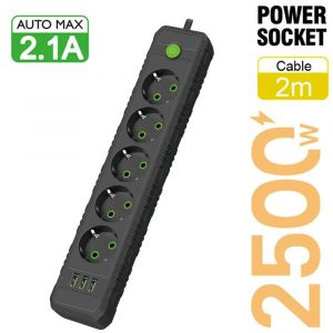 Multiprise De Courant Alternatif Avec Ports Usb,Multiprise,Rallonge De 2M,Adaptateur De Filtre Réseau,Charge Rapide,Prise Ue.F45U Black.Ue Plug - Neuf