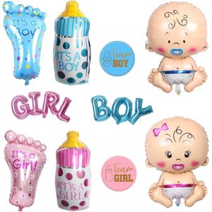 TRAHOO-8pcs ballons en aluminium pour enfants et 4pcs autocollants de sexe, ballons de bouteille de pied, autocollants de sexe, ballons fille garçon pour la fête de révélation du sexe - Neuf