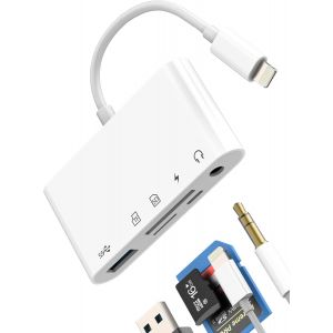 Thef-Lecteur De Cartes Sd Lightning (5 En 1) Otg Usb 3.0 Adaptateur Reader Card Micro Sd Pour Iphone14 13 12 Pro Max 3,5 Mm Écouteurs Audio Pour Ipad Chargeur Connecteur Pour Apple Caméra Tf Mémoire - Neuf