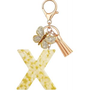KAL-Porte-Cl&eacute;s Beige Avec Lettre Porte-Cl&eacute;s Fille Initiale Cadeau Femmes Porte-Cl&eacute;s Papillon D&eacute;corer Pour Sac Sac &Agrave; Dos Porte-Clef Gland Or Porte-Clef Femme A-Z - Neuf