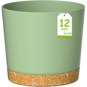 KALANKA-Pots de Fleurs de 30cm, Jardinières Modernes avec Trous de Drainage et Soucoupe Détachable, Pots de Fleurs en Plastique pour Plantes d'Intérieur et de Jardin (Vert) - Neuf