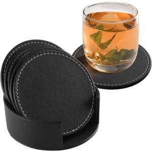 6 Pièces Dessous De Verre En Cuir Synthétique Noir Anti-Dérapant, Résistant À La Chaleur, Avec Support Inclus, Idéal Pour Café, Thé Et Bière, 10 Cm - Neuf