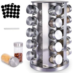 JEXNOVASHOP-Pr&eacute;sentoir &agrave; &Eacute;pices 20 Pots Verre - &Eacute;tag&egrave;re &agrave; &Eacute;pices en Acier Inoxydable Carrousel ,Pour Rangement Epices Cuisine,Barbecue, Rotatif &agrave; 360 &deg; - Neuf