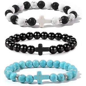 Kal-3 Pièces Bracelet De Perles En Forme De Croix, Bracelet Chrétien Élastique Noir Et Blanc, Bracelet Réglable Avec Croix De Jésus Pour Homme Et Femme, Bijoux Cadeaux, 7.48 Inches, Élasti - Neuf