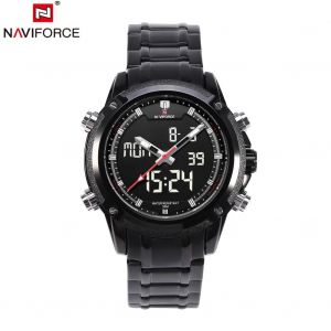 Naviforce Hommes Mâle Quartz Montre-Bracelet Analogique Numérique Led Rétroéclairage Montre Ronde Bande Noire - Neuf
