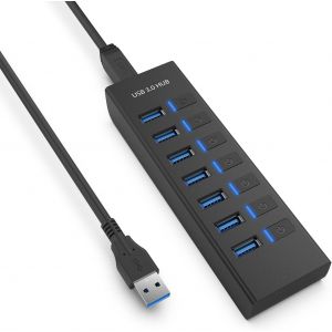 Hub USB 3.0 avec 7 ports USB-A,câble de 100 cm,connecteur d'alimentation 5 V et interrupteur séparé avec affichage LED pour Windows 10,Mac OS,iPad OS,Linux 2.6.14 et plus encore - Neuf