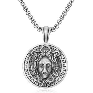 Kal-Pendentif Médaille Méduse, Collier Serpent Méduse Viking Pour Hommes, Collier Médaillon Gothique Méduse Mythologie Grecque Bijoux Méduse, Collier Pendentif Méduse Serpent Gorgone Classique - Neuf