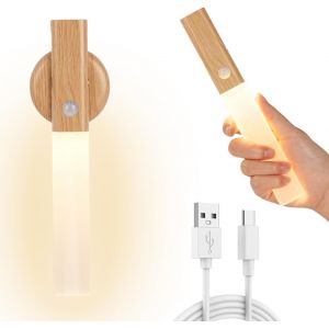 TIANYI-Applique Murale en Bois avec D&eacute;tecteur de Mouvement, Veilleuse Rechargeable Murale int&eacute;rieur, Lampe Murale sans fil, Magn&eacute;tique Lampe de Chevet murale Blanc Chaud Pour Escalier Chambre Couloir - Neuf