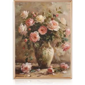KALANKA-Art Mural Fleuri Vintage sur Toile, Tableau &agrave; l'huile de Style Campagnard, Peinture Murale Fleurie en Vase pour Chambre Salon 30x40 cm Sans Cadre - Neuf