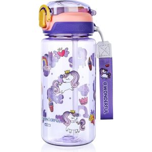 Eryi-600ml Gourde Enfant Avec Paille, Bouteille D'eau Anti-Fuite Réutilisable, Sans Bpa Tritan, Avec Poignée, Pour Garçons, Filles, Ecole Maternelle (Violet) - Neuf