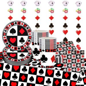 LETNERNY-Lot De 67 Décorations D'Anniversaire Au Poker ¿ Assiettes, Serviettes, Tasses, Nappes Et Décorations Suspendues Pour 20 Invités Poker Casino Night Party Accessoires - Neuf