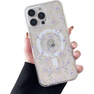 KAL-Coque Magn&eacute;tique Pour Iphone 16 Pro, &Eacute;tui Souple Transparent Avec Motif Fleurs [Compatible Avec Magsafe Charge Sans Fil], Coque Protecteur R&eacute;sistant Pour Iphone 16 Pro 6,3""-Violet Fleurs - Neuf