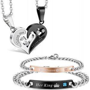 Kal-Lot De 4 Colliers Et Bracelets Assortis Pour Les Couples Ou Les Meilleurs Amis - Cha&icirc;nes En Forme De Coeur Et King Queen - Bracelets Pour Partenaires - Convient Pour Les Amoureux, Acier Alli&eacute; - Neuf