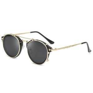 Lunettes De Soleil Steampunk M&eacute;tal R&eacute;tro Cercle Double Lentille Vintage Rond Miroir Lentille Pour Les Femmes Hommeslentille Noire + Cadre Dor&eacute; - Neuf