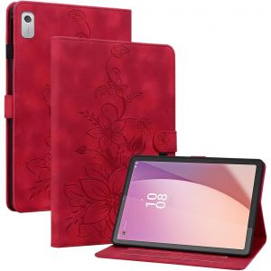 KAL-Coque Pour Lenovo Tab M9 2023 9 Pouces Mod&egrave;le Tb310Fu, Multi-Angles De Visualisation Housse De Protection En Similicuir Avec Porte-Carte Couverture Motif Lys, Rouge - Neuf