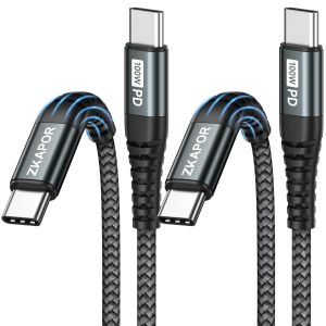 TRAHOO-C&acirc;ble USB C vers USB C [1M+1M, Lot de 2], 100W Cable Type C Charge Rapid PD Chargeur Type C Nylon Tress&eacute; pour iPhone 16/15 Pro Max, Samsung Galaxy S24/S23/S22, Pad Pro, Huawei P60 /Mate, Pixel - Neuf