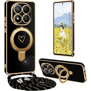 LORANKA-&Eacute;tui de protection pour Redmi Note 14 Pro 5G avec bande, c?ur &eacute;lectrolytique - Avec anneau support pour anneau - Femme - C?ur &eacute;lectrolytique - Noir - Neuf